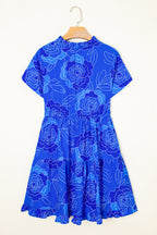 Blue Floral Ruffled Hem V Neck Short Sleeve Flowy Mini Dress