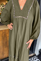 Black Collared V Neck Smocked Detail Contrast Leopard Trim Bracelet Sleeve Long Dress