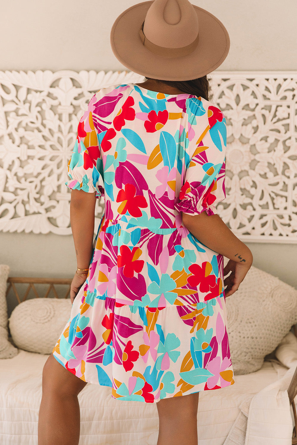 Rose Red Floral Bubble Sleeve V Neck Tiered Ruffle Babydoll Dress