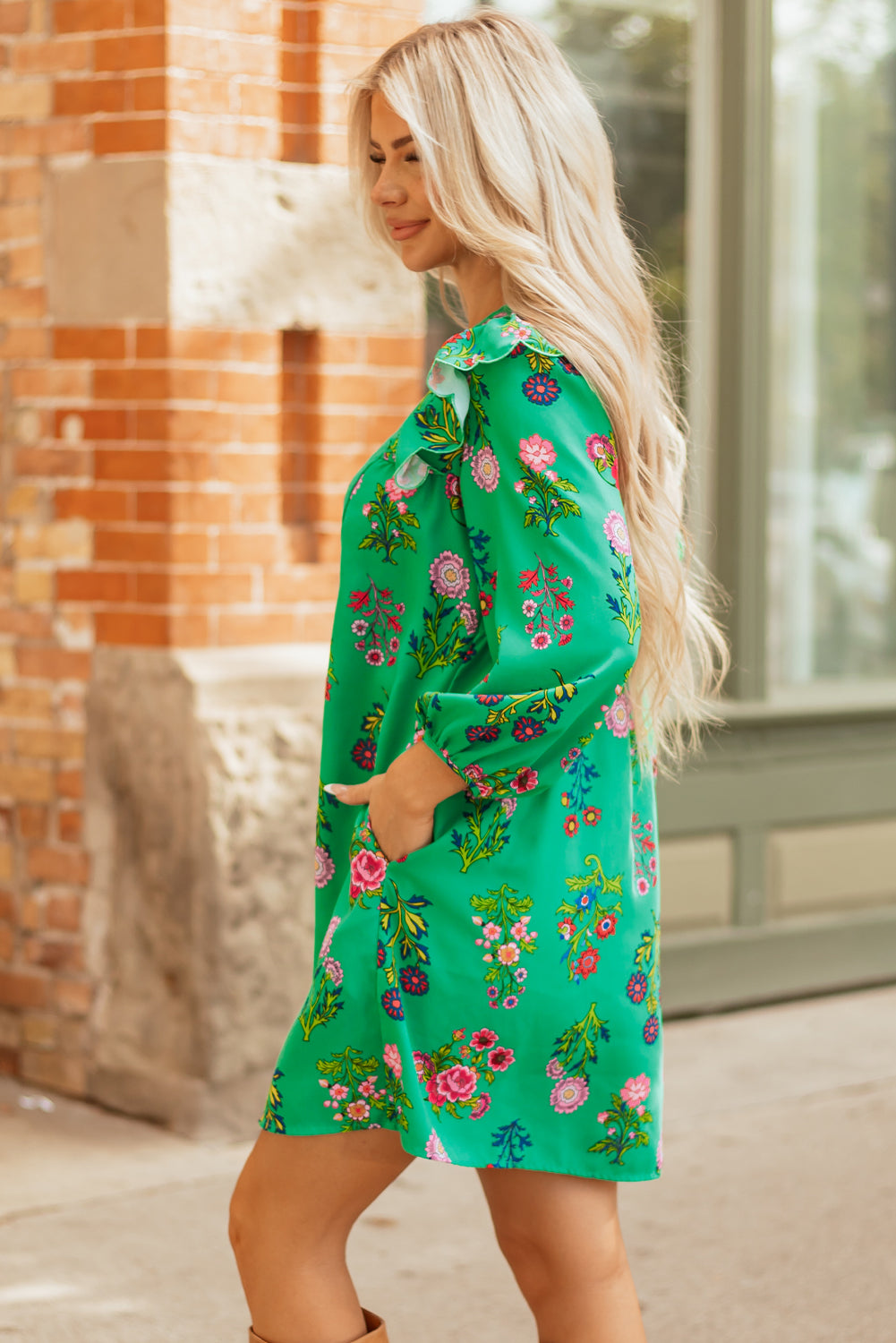 Green Floral Ruffled Three Quarter Sleeve Buttoned Mini Dress