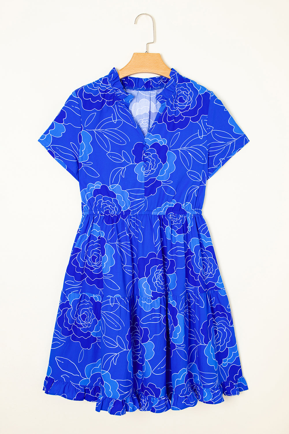 Blue Floral Ruffled Hem V Neck Short Sleeve Flowy Mini Dress