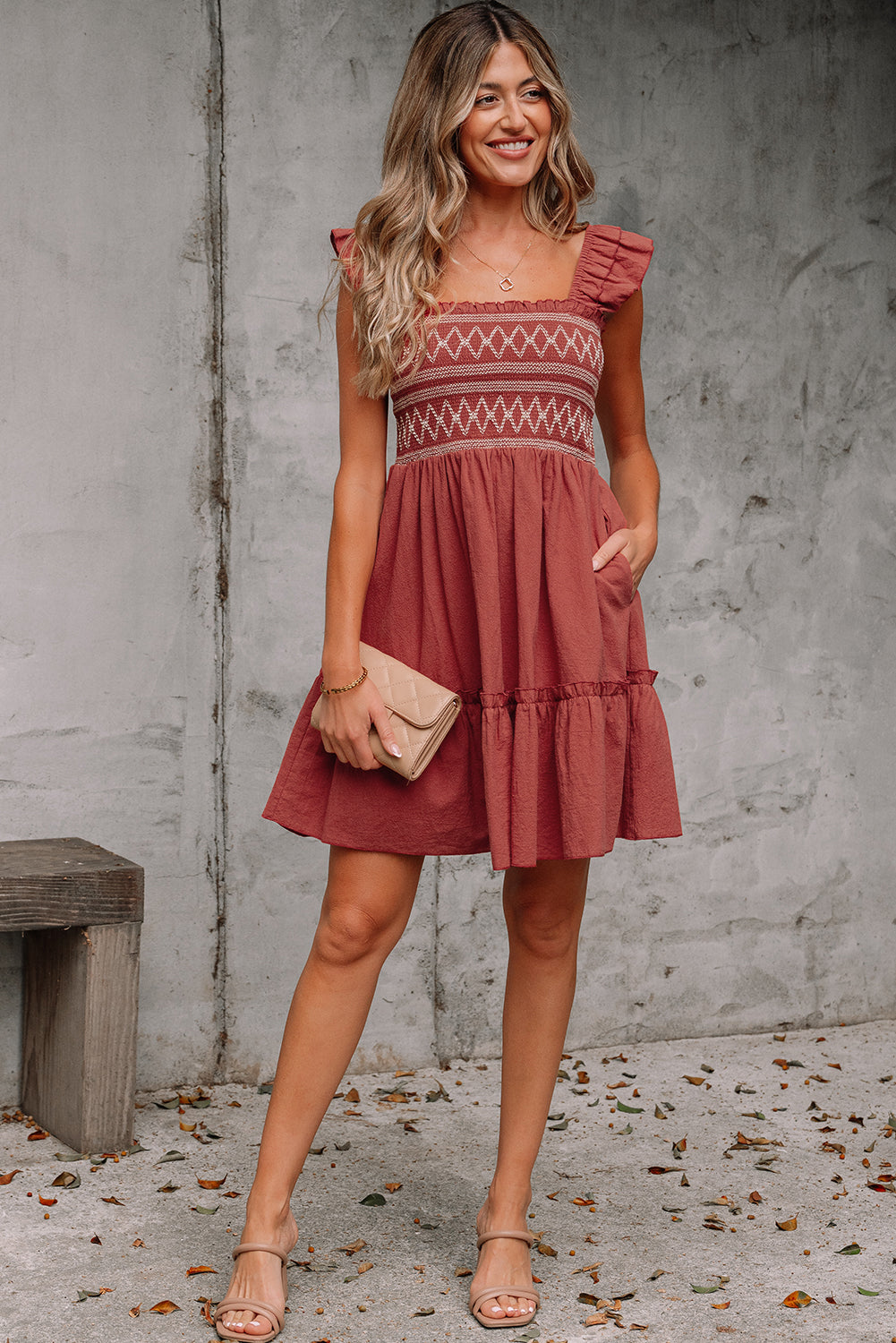 Red Sandalwood Geometric Stitch Shirred Bodice Ruffled Trim Sleeveless Mini Dress
