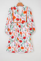 Beige Floral Print 3/4 Puff Sleeve Ricrac Trim Mini Dress