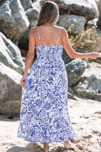 Sky Blue Floral Print Spaghetti Strap High Waist Maxi Dress