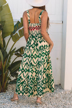 Green Western Aztec Shirred A-line Sleeveless Maxi Dress