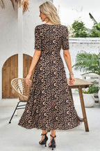 Brown Mesh Leopard Floral Reversible V Neck Short Sleeve Dress