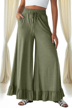 Black Ruffled Wide Leg Pull On High Waist Pants with Pockets