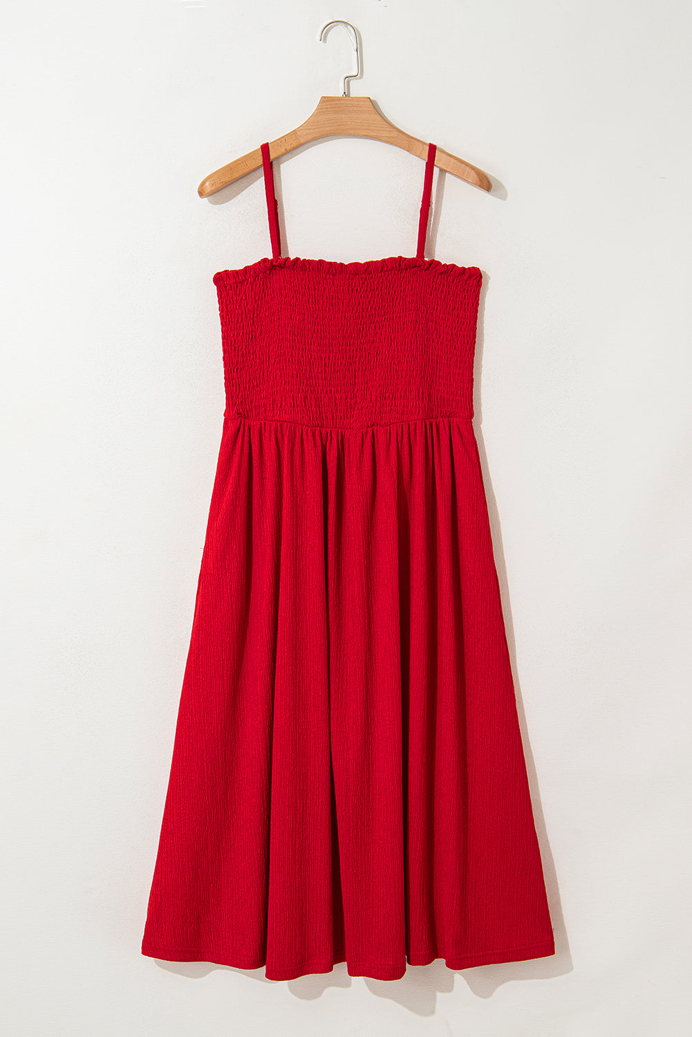 Racing Red Textured Shirred Ruffled Trim Spaghetti Strap Midi Dress