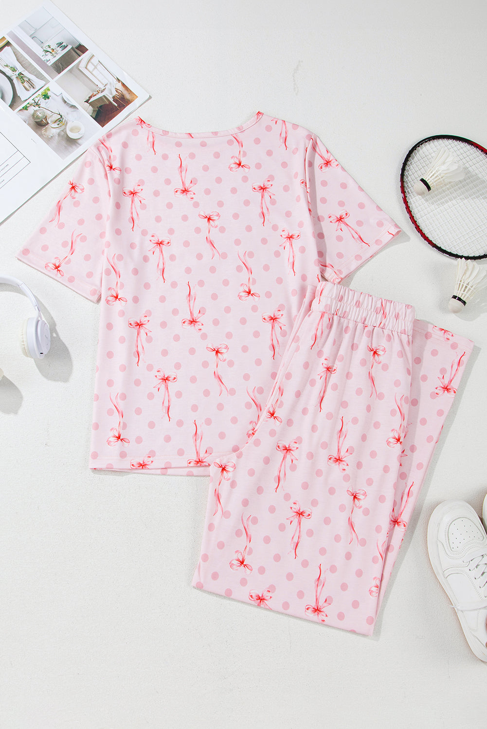 Pink Bow Knot Polka Dot Print Short Sleeve Top Lounge Set