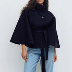 Elegant High Neck Batwing Sleeve Coat With Belt