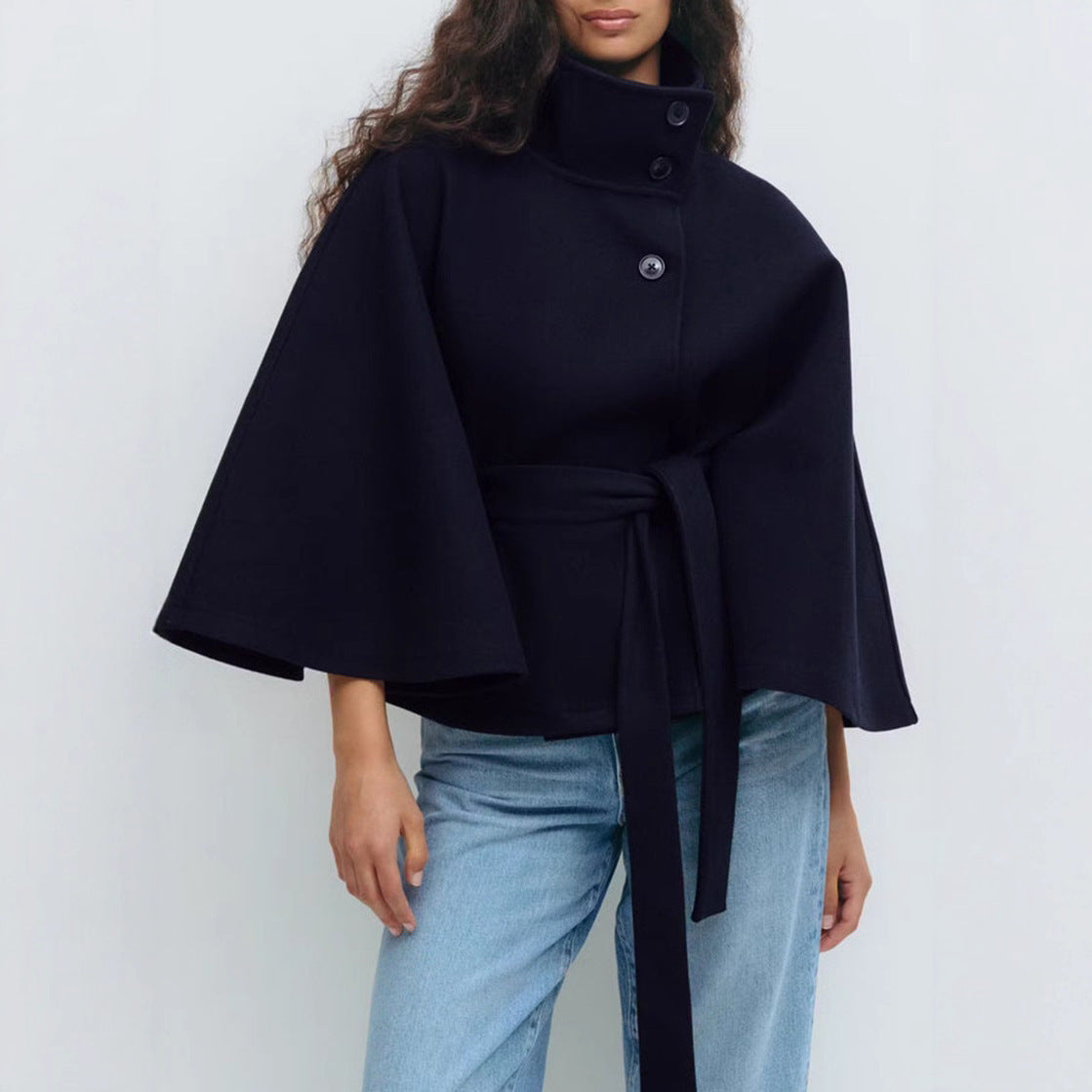 Elegant High Neck Batwing Sleeve Coat With Belt