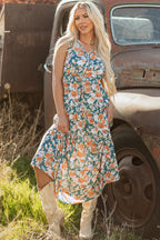 Green Floral Print Trimmed V Neck Tie Waist Sleeveless Holiday Long Dress