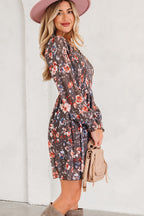 Brown Frilly Smocked Bodice Floral Mesh Long Sleeve Mini Dress