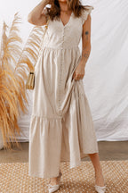 Khaki Stripe Flutter Sleeve Buttoned Front Slit Maxi Dress