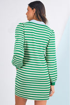 Green Striped Contrast Collar Split Neck Long Sleeve Mini Dress