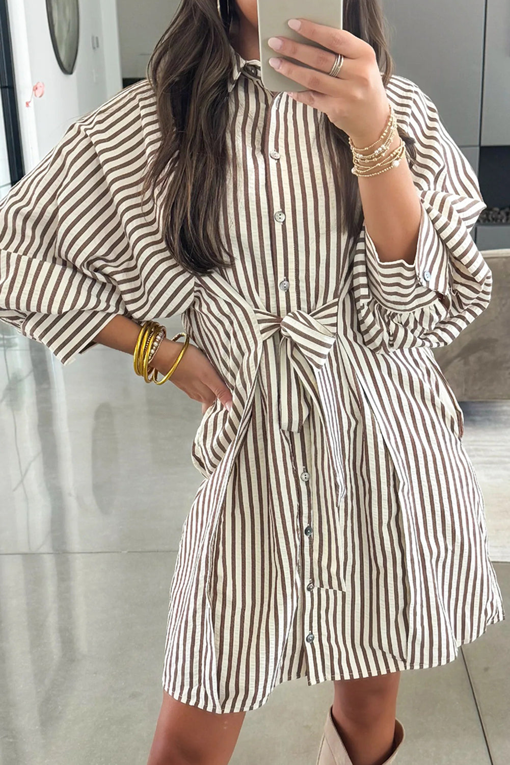 Brown Stripe Knot Waist Puff Sleeve Button Down Mini Shirt Dress