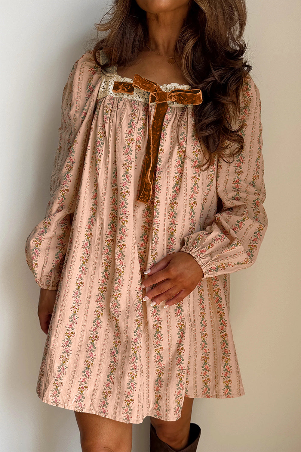 Khaki Floral Print Contrast Velvet Bow Lace Patchwork Long Sleeve Loose Mini Dress