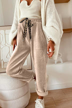 Gray Morn Corduroy Leopard Drawstring High Waist Trousers