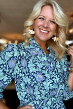 Sky Blue Floral Printed Frilled V Neck Bracelet Sleeve Long Dress