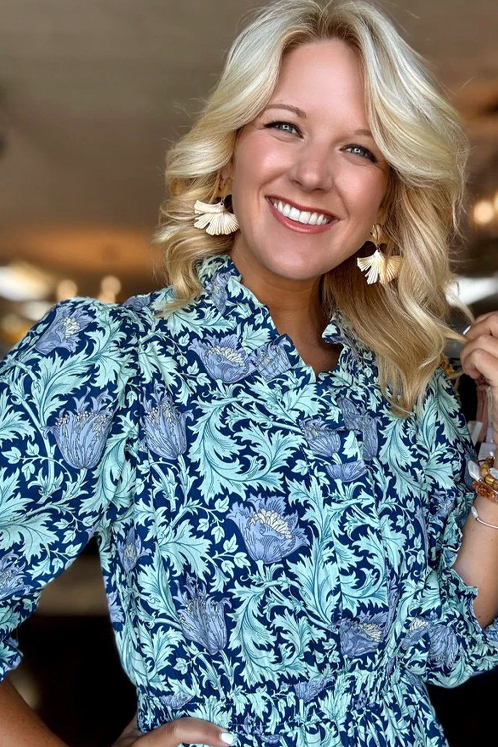 Sky Blue Floral Printed Frilled V Neck Bracelet Sleeve Long Dress