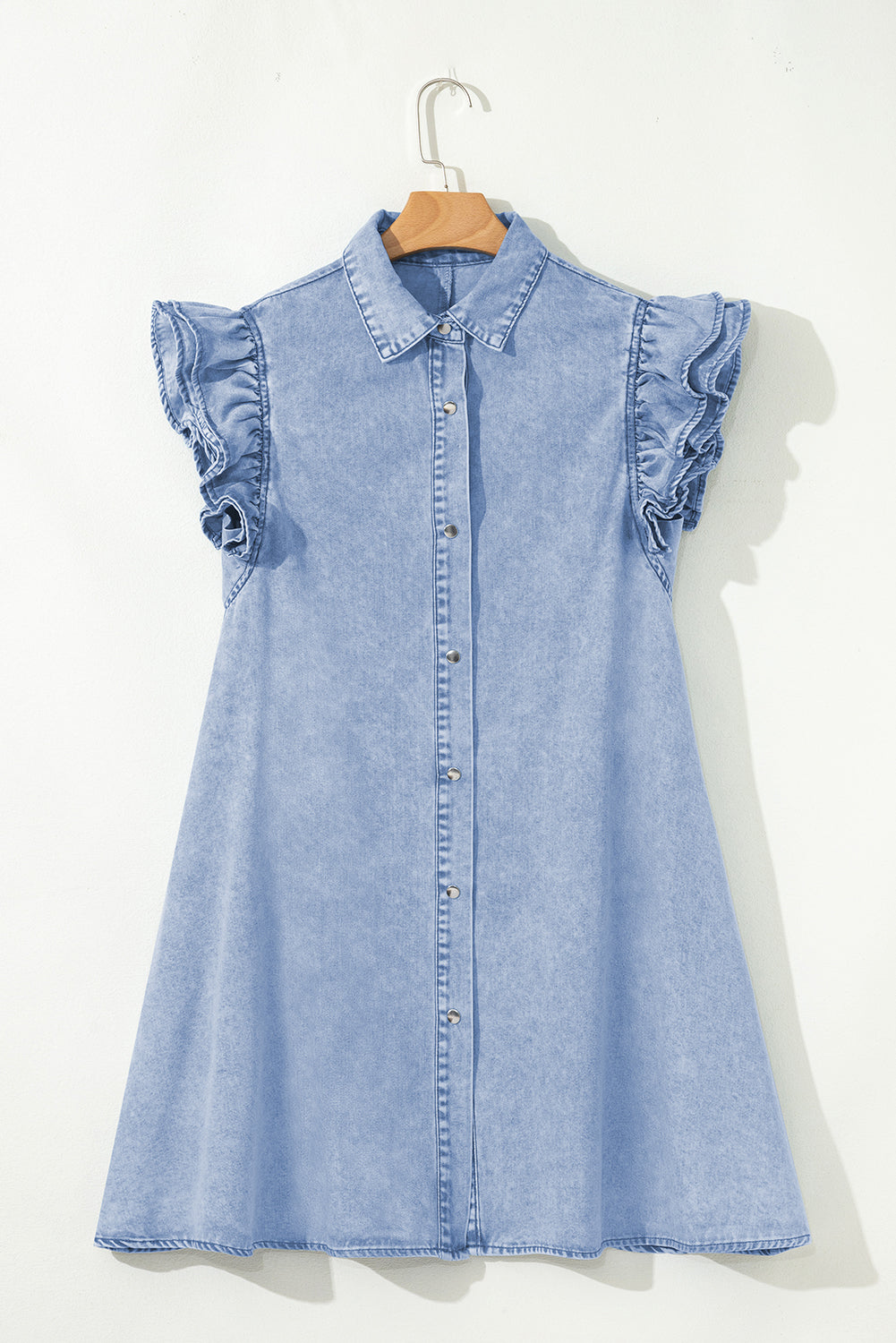 Beau Blue Double Ruffled Sleeves Buttoned A-line Collared Mini Denim Dress