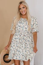 Beige Floral Puff Short Sleeve Empire Waist Mini Dress
