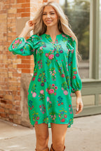 Green Floral Ruffled Three Quarter Sleeve Buttoned Mini Dress