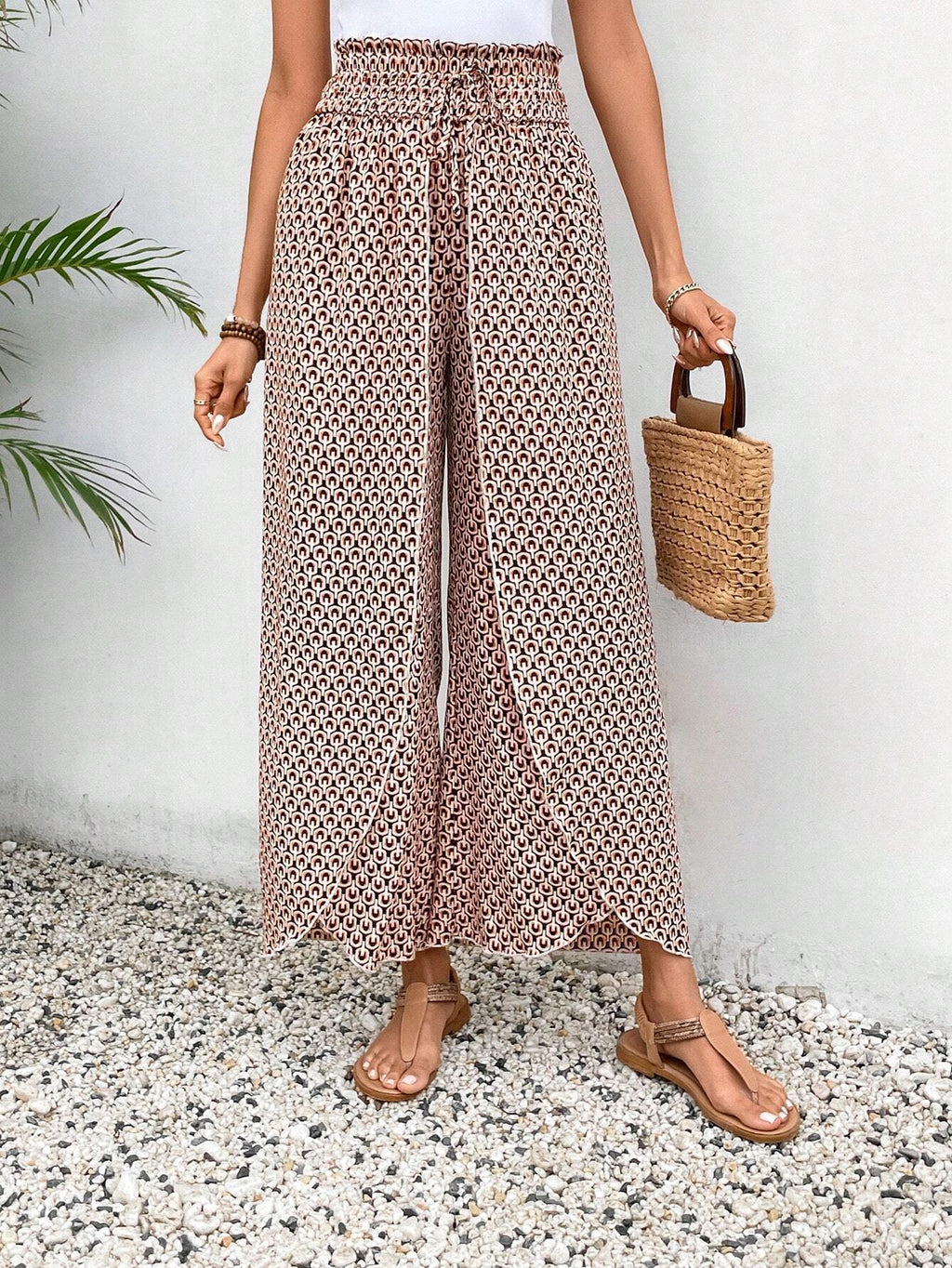 Pink Bohemian Print Slit Wide Leg Smocked High Waist Pants