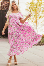 Pink Dainty Floral Smocked Puff Sleeve Flowy Long Dress