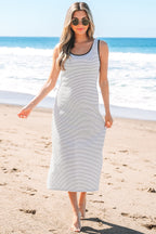 White Stripe Criss Cross Side Slits Slim Fit Sleeveless Midi Dress