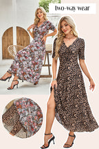 Brown Mesh Leopard Floral Reversible V Neck Short Sleeve Dress