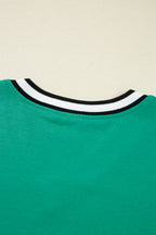 Mint Green Varsity Contrast Striped V Neck Long Sleeve T Shirt Dress with Pockets