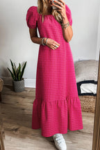 Rose Ginham Check Bubble Sleeve Ruffled Maxi Dress