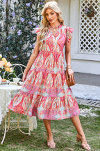 Rose Tribal Paisley Print Ruffled Sleeve Notch Neck Midi Dress