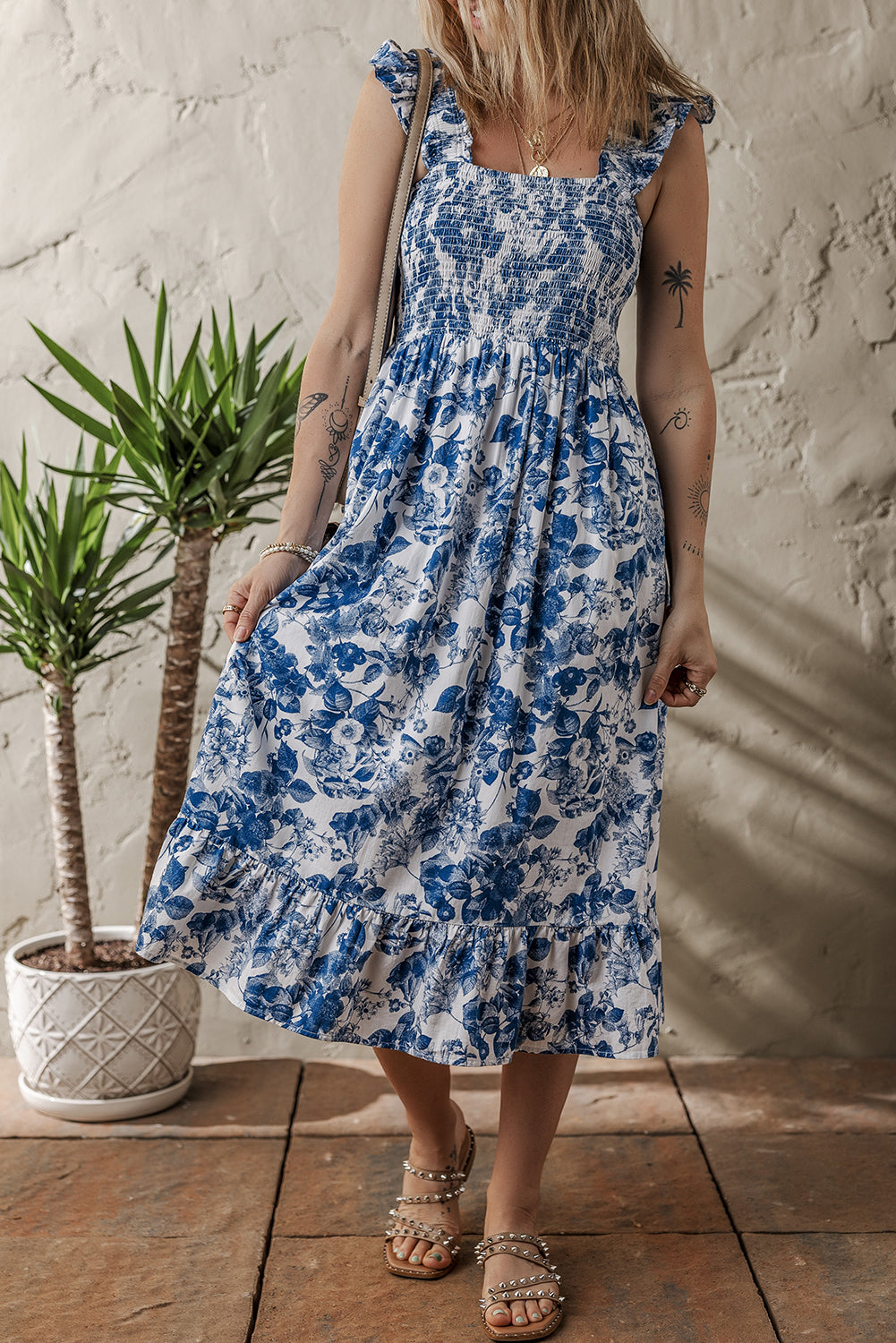 Blue Floral Ruffle Strap Square Neck Smocked Bodice Midi Dress