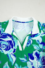 Bright Green Contrast Floral Print Collared V Neckline Ruffled Cap Sleeve Shift Dress with Pockets