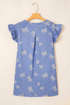 Sky Blue Bow Knot Print Crewneck Ruffled Sleeve Shift Mini Dress