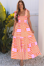 Pink Boho Gingham Tied Straps Smocked Maxi Dress