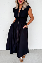 Black Sleeveless Zipped Front V Neck Shirred Waist Maxi Dress