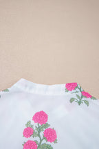 White Floral Print Half Button Mandarin Neck 3/4 Sleeve Maxi Dress