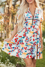 Green Floral Print Zipper Ruffled Short Sleeve High Waist Mini Dress