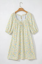 Green Floral Half Sleeve Frilled U Neck A-line Short Dress