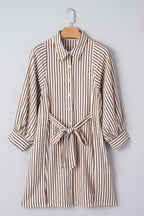 Brown Stripe Knot Waist Puff Sleeve Button Down Mini Shirt Dress