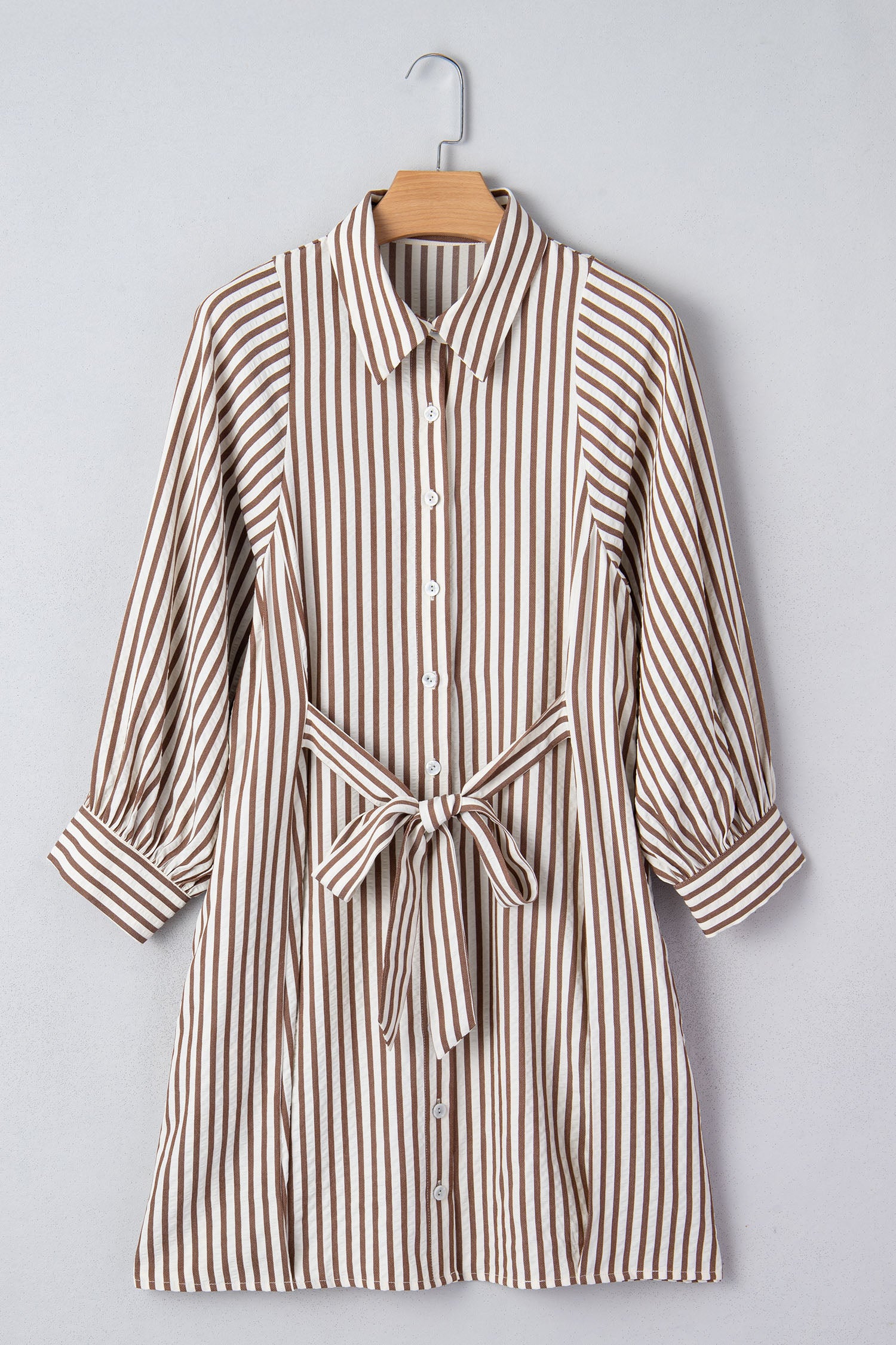 Brown Stripe Knot Waist Puff Sleeve Button Down Mini Shirt Dress