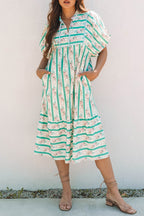 Multicolour Striped Floral Print Tie Split Neck Puff Sleeve Midi Dress