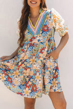 Multicolour Boho Floral Print Crochet Patchwork V Neck Loose Mini Dress