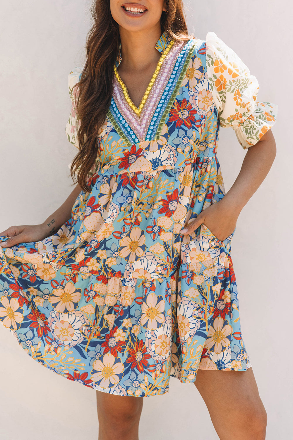Multicolour Boho Floral Print Crochet Patchwork V Neck Loose Mini Dress