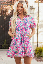 Pink Floral Collared Half Placket Short Sleeve Loose Dress