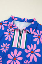 Purple Floral Striped Quarter Zip Cap Sleeve Drawstring Waist Mini Dress