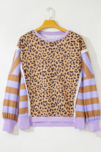 Khaki Leopard Striped Patchwork Plus Size Loose Sweatshirt